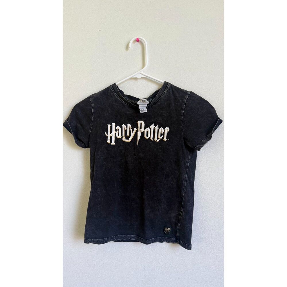 Harry Potter Girls M 6X/7 Black Acid Wash Gold Logo Graphic T Shirt
